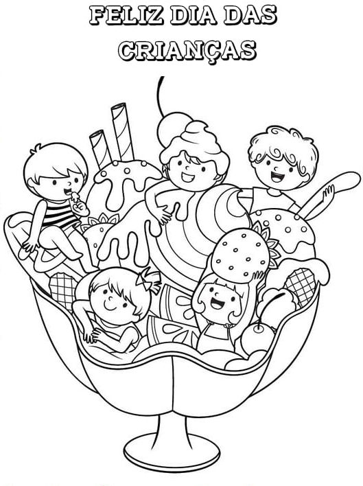 Desenho de cinco crianças em trajes de banho interagindo com um enorme sundae de sorvete com a frase FELIZ DIA DAS CRIANÇAS para colorir.