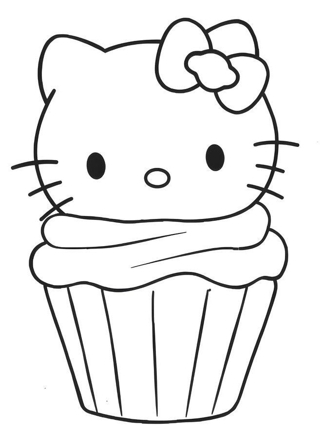 Desenho da Hello Kitty Cupcake (Cupkitty) com cobertura e lacinho para imprimir e colorir.