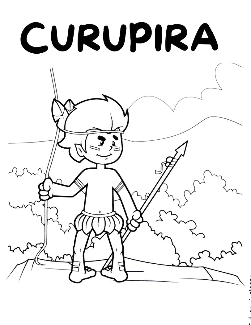 Desenho do Curupira, figura folclórica brasileira com pés virados para trás, arco e flecha, pronto para imprimir e colorir.