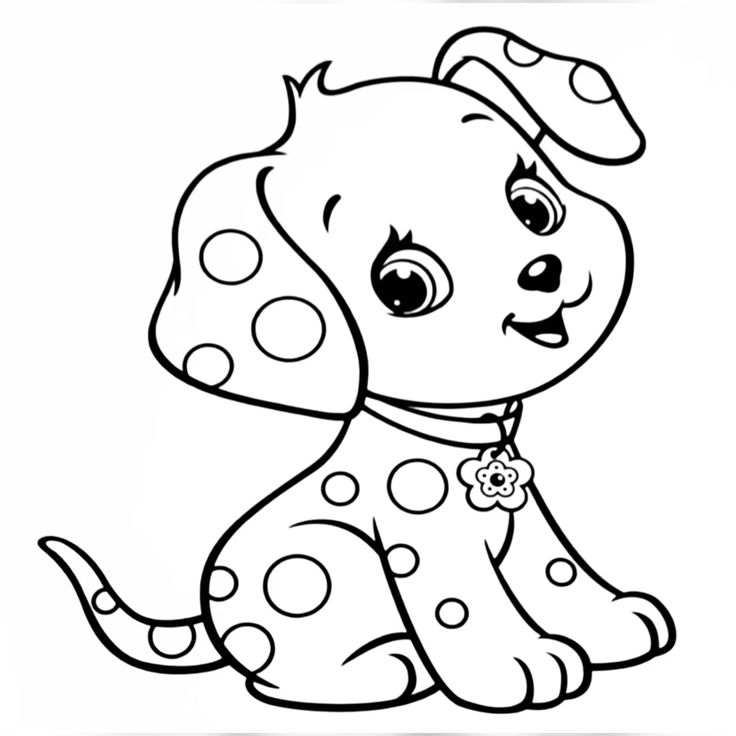 Desenho de um filhote de dálmata fofo com manchas, colar de flor e sorriso amigável para imprimir e colorir.