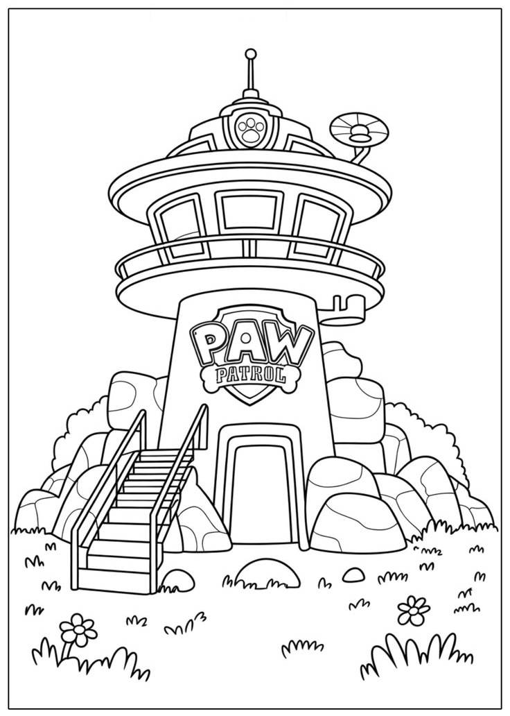 Desenho para colorir da Torre de Comando da Patrulha Canina, símbolo de liderança e aventuras em Adventure Bay.