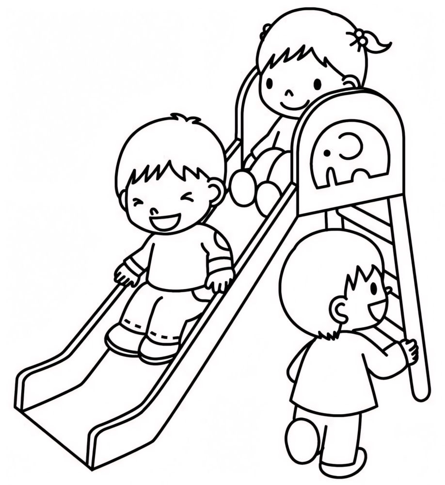 Desenho de Dia das Crianças com três crianças sorrindo e brincando em um escorrega decorado com um elefante em um parque, para imprimir e colorir.