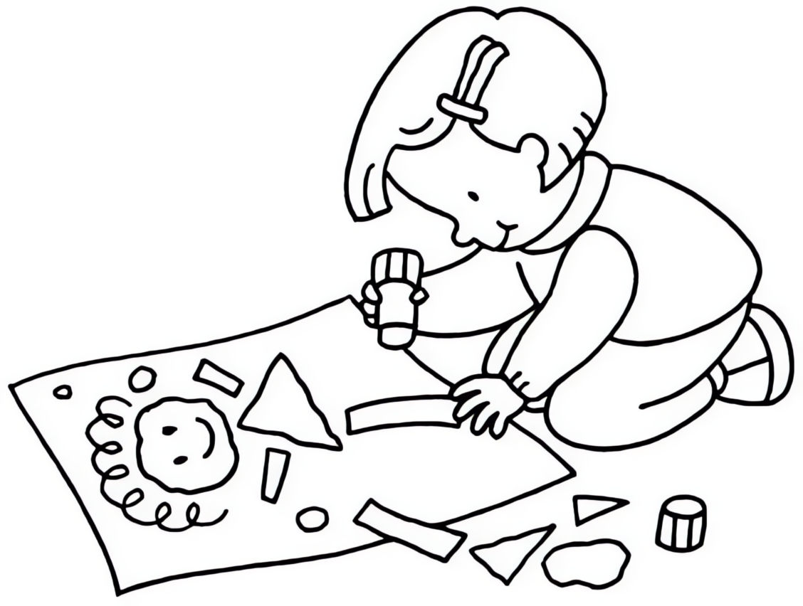 Desenho de Dia das Crianças com uma menina fazendo colagem de figuras geométricas em uma folha de papel, para imprimir e colorir.