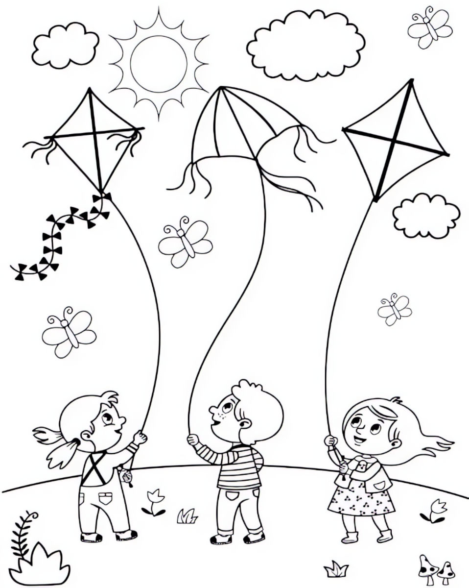 Desenho de Dia das Crianças com três crianças sorrindo e brincando com pipas coloridas em um dia ensolarado para imprimir e colorir.