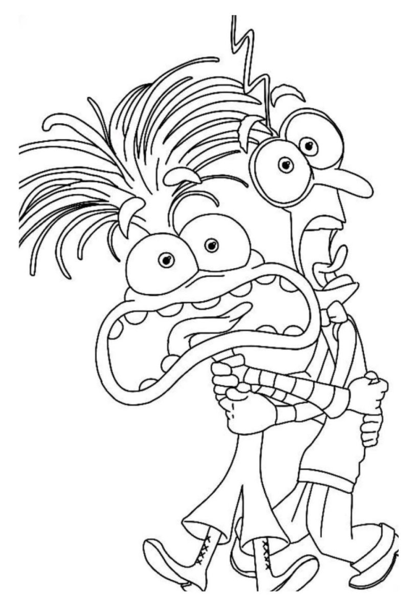 Desenho do filme Divertida Mente com os personagens Ansiedade e Medo abraçados em crise para colorir e imprimir.