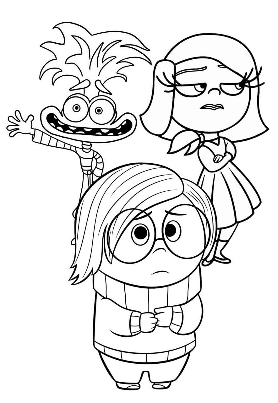 Desenho para colorir de Divertida Mente com Nojinho, Ansiedade e Tristeza. Imprima e explore o mundo das emoções!