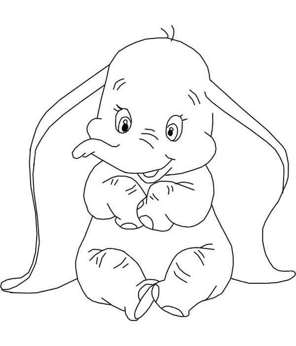 Desenho do Dumbo bebê com orelhas grandes e olhos expressivos para imprimir e colorir.