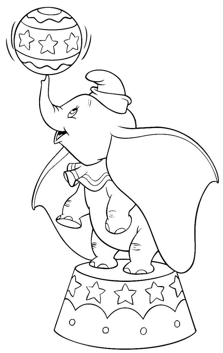 Desenho do Dumbo com chapéu e bola para colorir.