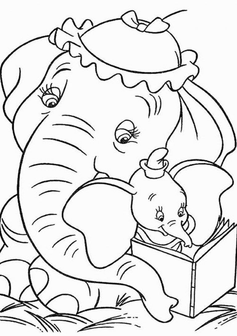 Desenho do Dumbo bebê lendo um livro com sua mãe elefante usando um chapéu decorado, incentivando a leitura e os laços familiares para imprimir e colorir.