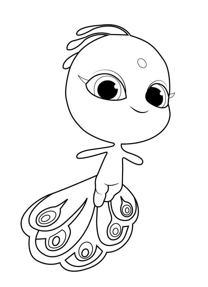 Desenho do Duusu, o Kwami Miraculous da borboleta, com corpo oval, cauda de penas e grandes olhos expressivos, pronto para imprimir e colorir.
