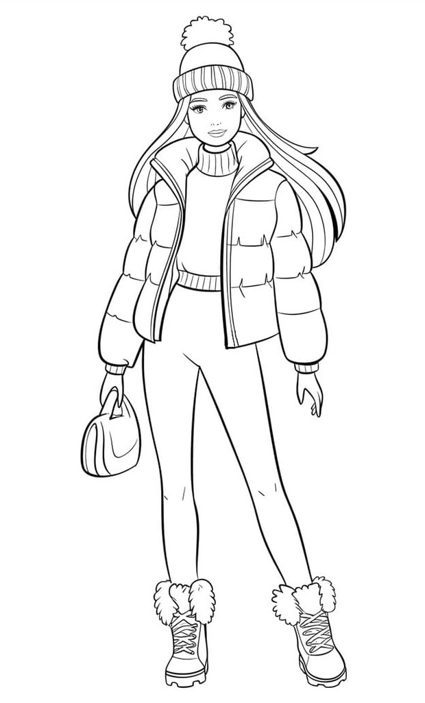 Desenho da Barbie vestida para o inverno com casaco puffer, gorro com pompom, calça e botas de neve para colorir e imprimir.