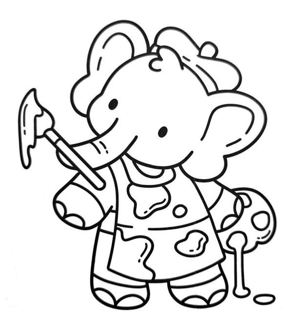 Elefante fofo usando macacão de pintor, segurando pincel e paleta, com um laço na cabeça, pronto para imprimir e colorir.
