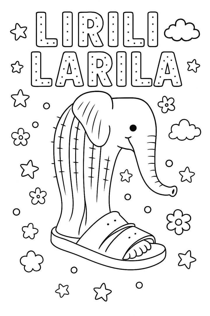 Desenho de um elefante Lirili Larila com corpo de cacto listrado, usando chinelo e cercado por flores e estrelas para imprimir e colorir.