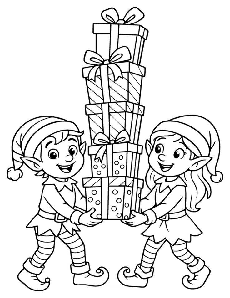 Desenho de elfos natalinos carregando presentes, com chapéus pontudos e roupas listradas para imprimir e colorir.