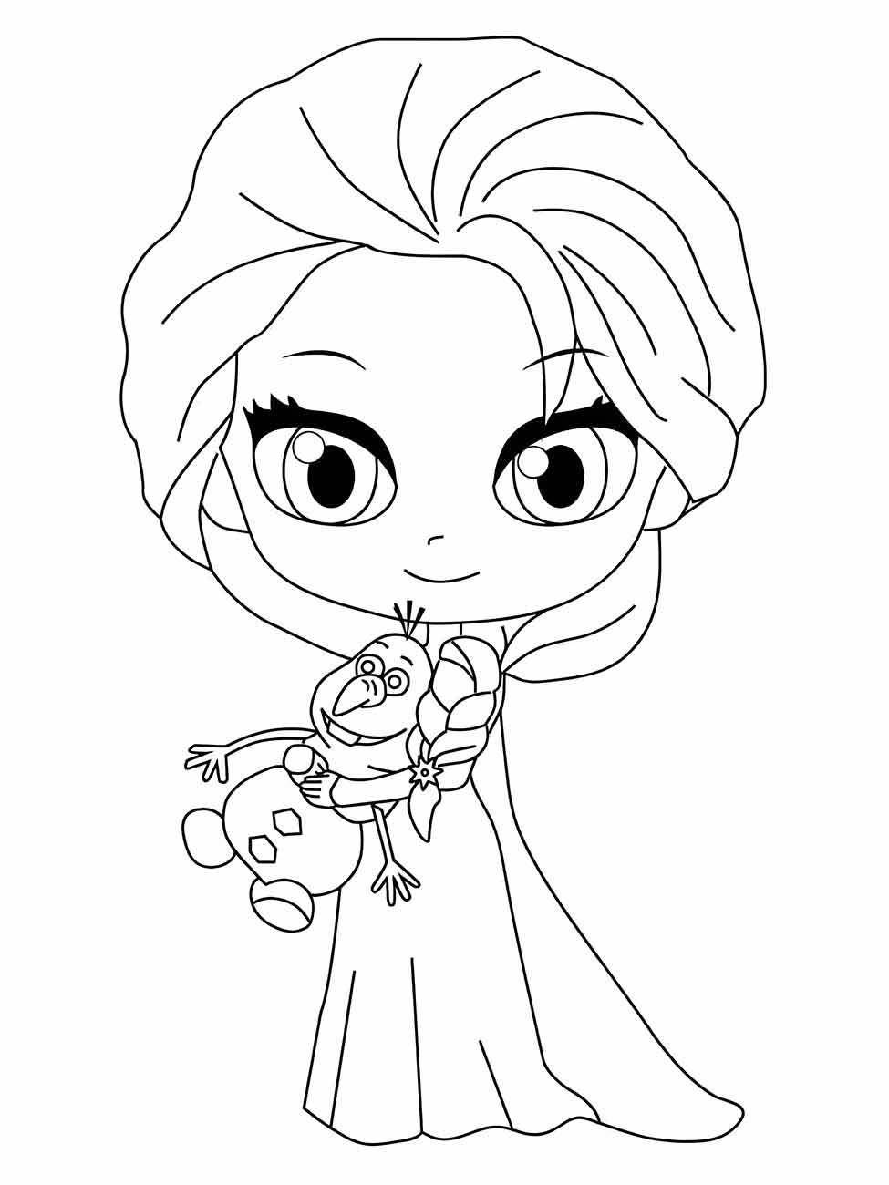 Desenho da Elsa de Frozen abraçando o Olaf para imprimir e colorir.