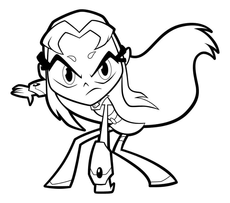 Desenho da Estelar dos Jovens Titãs com cabelo longo e ondulado e traje geométrico para imprimir e colorir.