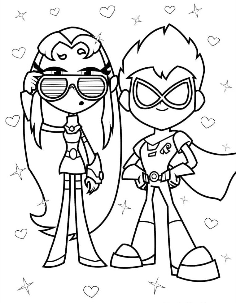 Desenho da Estelar e Robin dos Jovens Titãs com corações e estrelas para imprimir e colorir.