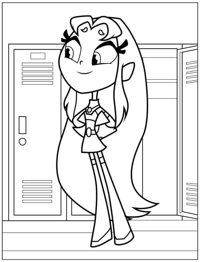 Desenho da Estelar dos Jovens Titãs com cabelo longo, roupa espacial e armários de escola ao fundo para imprimir e colorir.