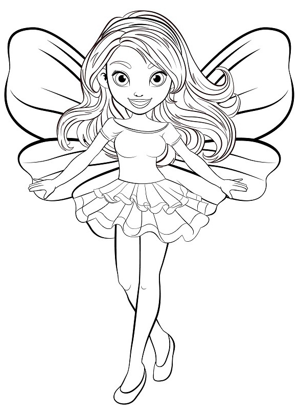 Desenho de fada bailarina com cabelos longos e ondulados, grandes asas detalhadas e vestido de balé para imprimir e colorir.