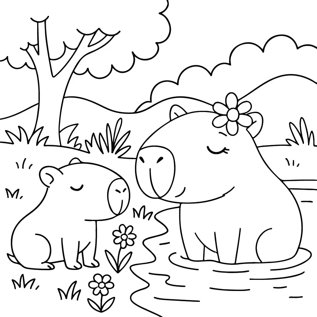 Desenho de família capivara da Bobbie Goods com capivara mãe, filhote, árvores e flores para imprimir e colorir.