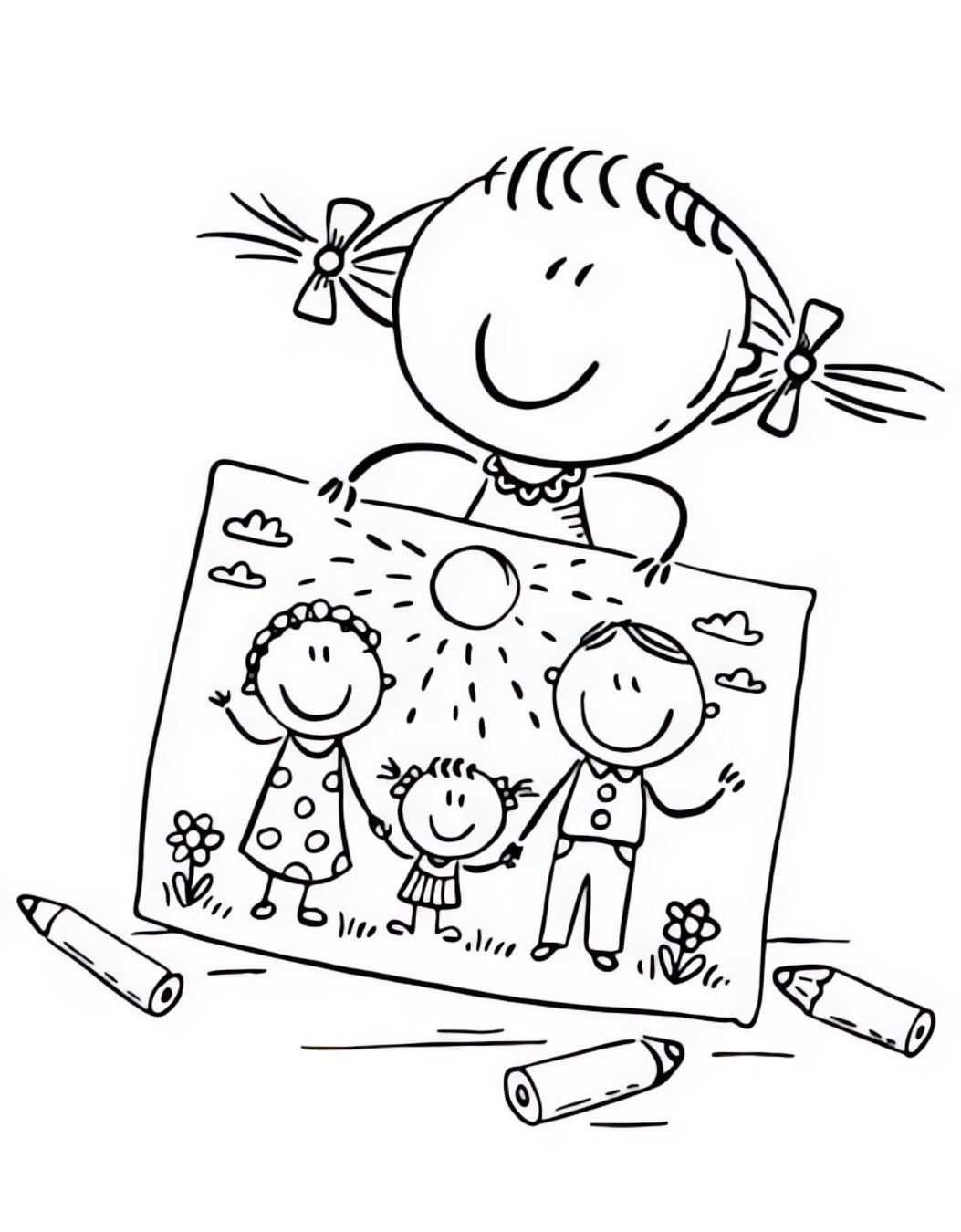 Desenho de uma menina segurando um desenho de uma família sorrindo em um campo ensolarado para colorir no Dia das Crianças.