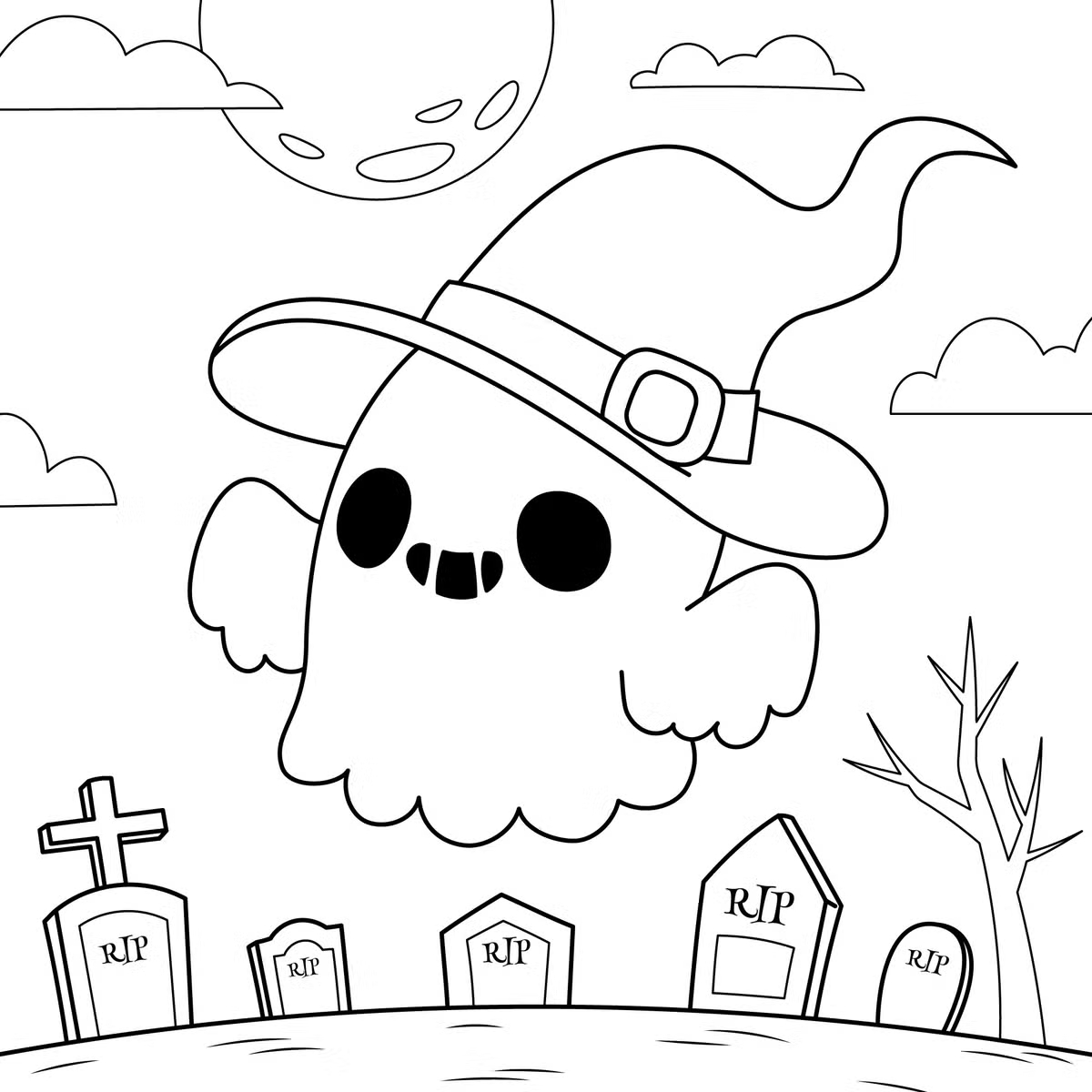 Desenho de um fantasma com chapéu de bruxo em um cemitério no Halloween, com lápides e lua, para imprimir e colorir.
