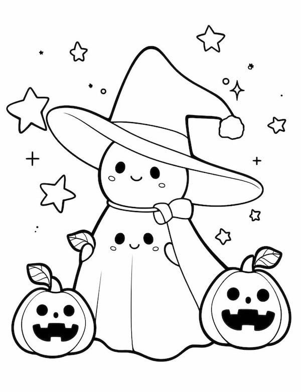 Desenho de um fantasma kawaii com chapéu de bruxo e abóboras de Halloween, com estrelas ao fundo, para imprimir e colorir.
