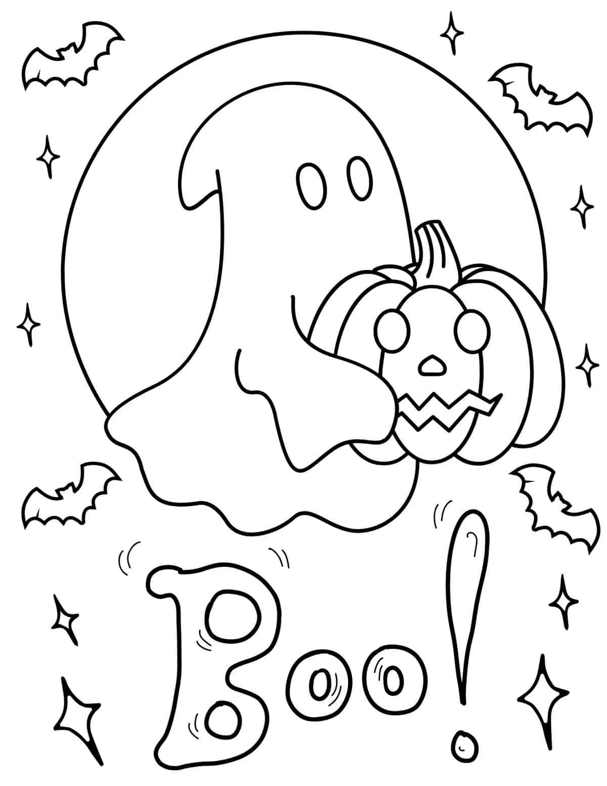 Desenho de um fantasminha segurando uma abóbora de Halloween com lua, morcegos e a palavra 'Boo!', para colorir.