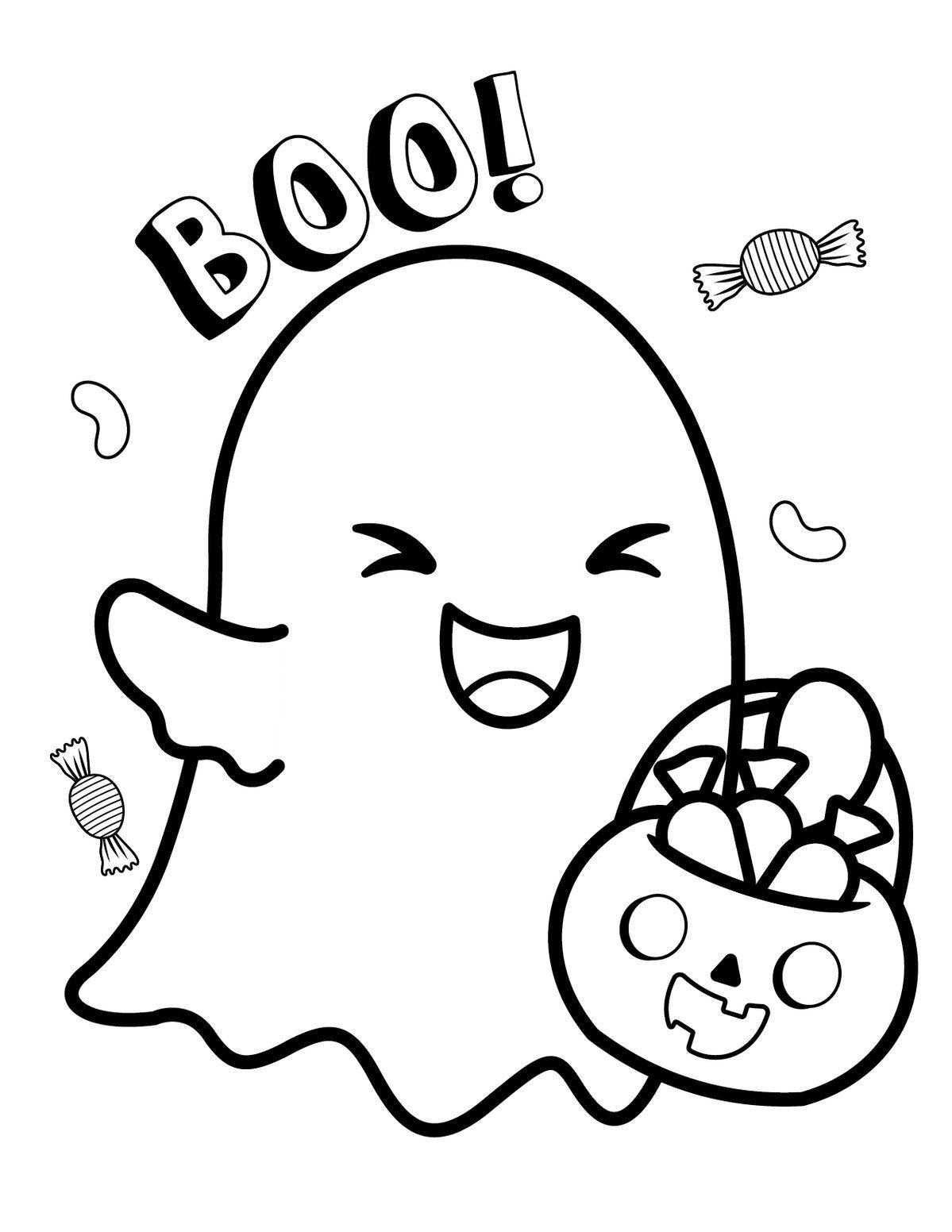 Desenho de um fantasma sorrindo segurando uma abóbora de Halloween cheia de doces, com a palavra 'Boo!', para imprimir e colorir.