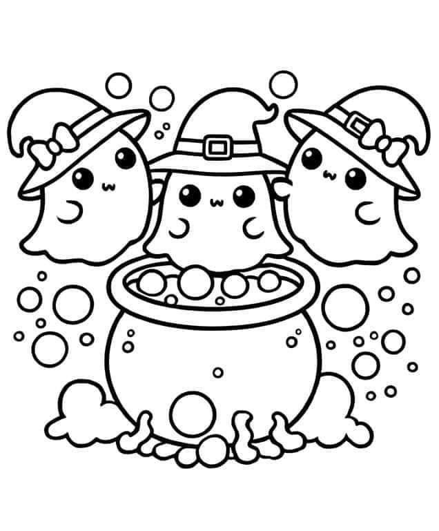 Desenho de fantasmas fofos com chapéus de bruxa e caldeirão no Halloween, para imprimir e colorir.