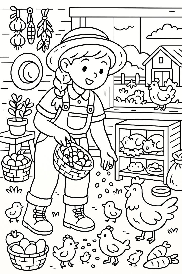 Desenho de uma menina fazendeira alimentando galinhas, com um celeiro ao fundo, cesta de ovos e uma horta cheia de vegetais para colorir.