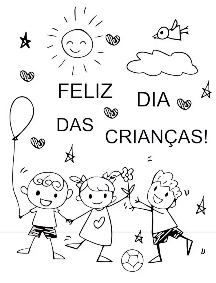 Desenho de três crianças sorrindo, com sol, balão, passarinho e a frase Feliz Dia das Crianças para colorir.