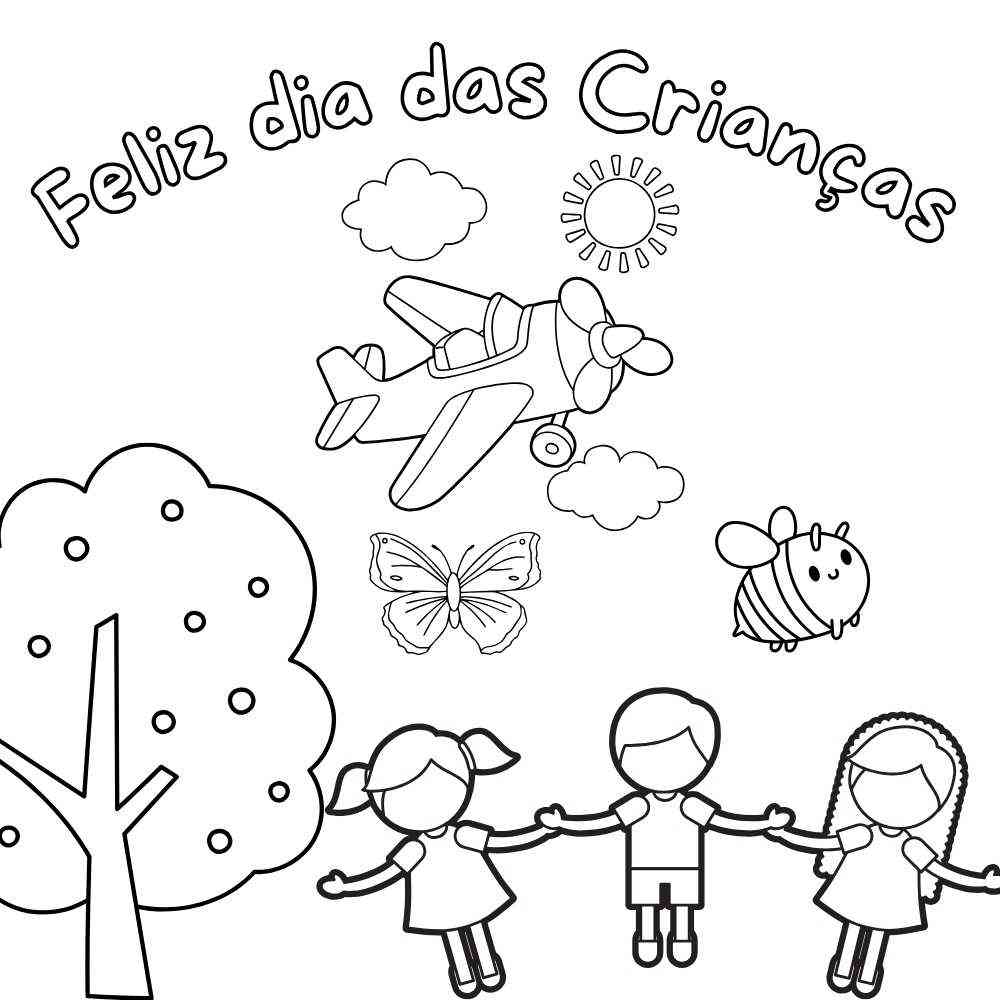 Desenho com a frase 'Feliz Dia das Crianças', avião, crianças de mãos dadas, árvore, borboleta e abelha, para imprimir e colorir.