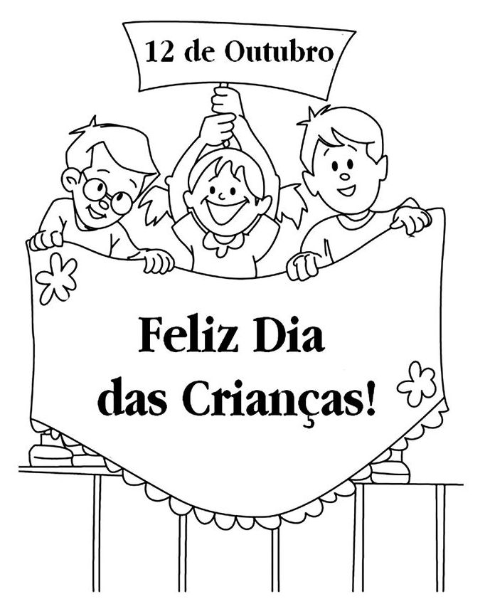 Desenho de três crianças comemorando o Dia das Crianças (12 de outubro) com faixa e flores para colorir e celebrar.