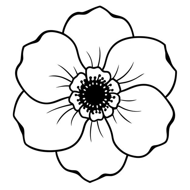 Desenho de uma flor delicada com cinco pétalas arredondadas e centro detalhado para imprimir e colorir.