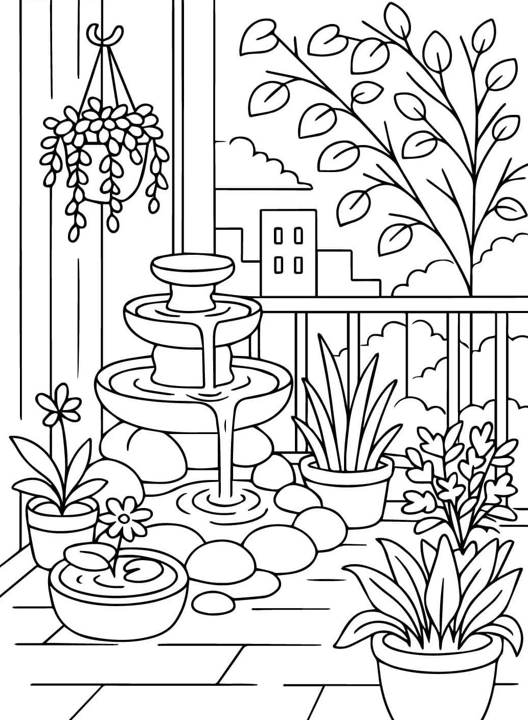Desenho de fonte com água, jardim vertical com plantas e pedras, ideal para colorir e relaxar.