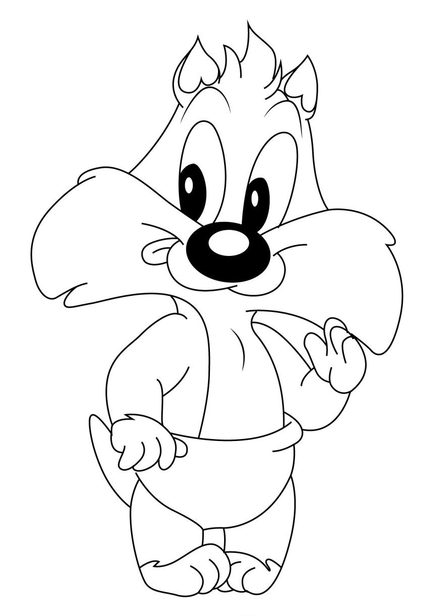 Desenho do Frajola dos Baby Looney Tunes com grandes olhos redondos e fralda para imprimir e colorir.