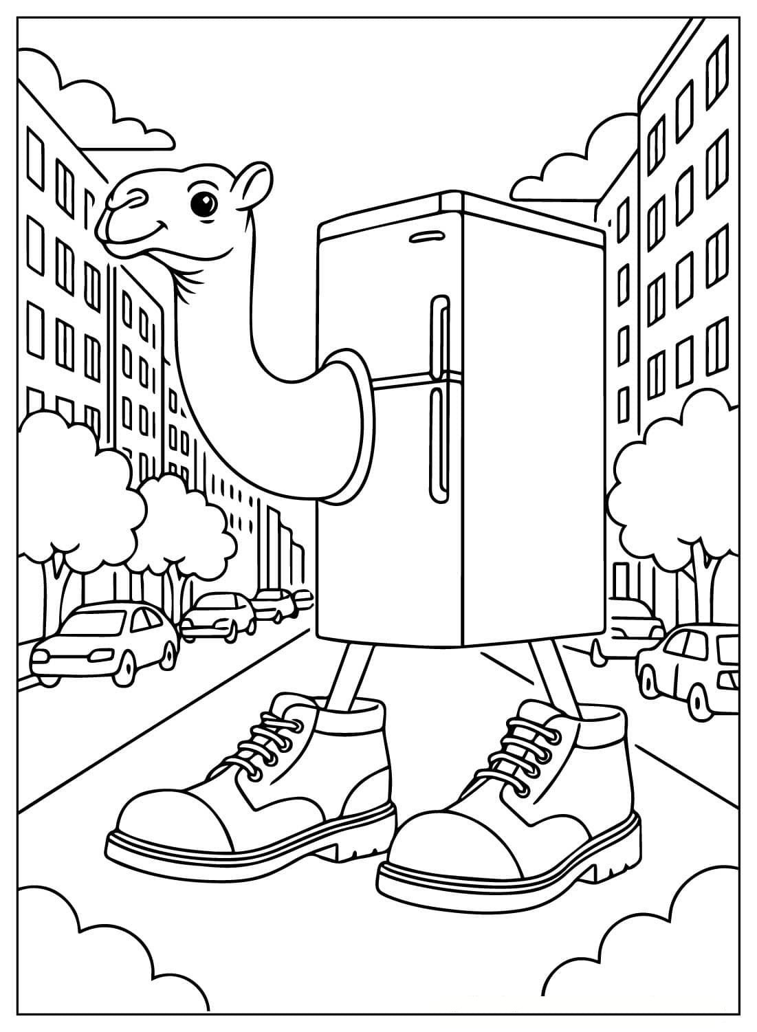 Desenho do Frigo Camelo, o meme viral do TikTok, para imprimir e colorir: uma figura surreal com cabeça de camelo e corpo de geladeira.