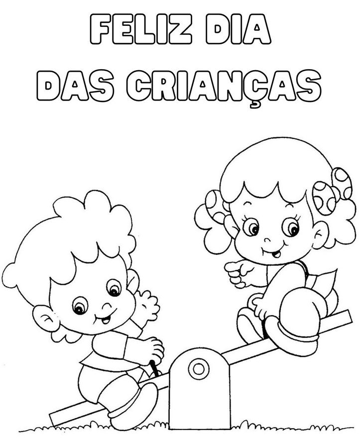 Desenho de duas crianças brincando na gangorra em um parque com a frase FELIZ DIA DAS CRIANÇAS para colorir.