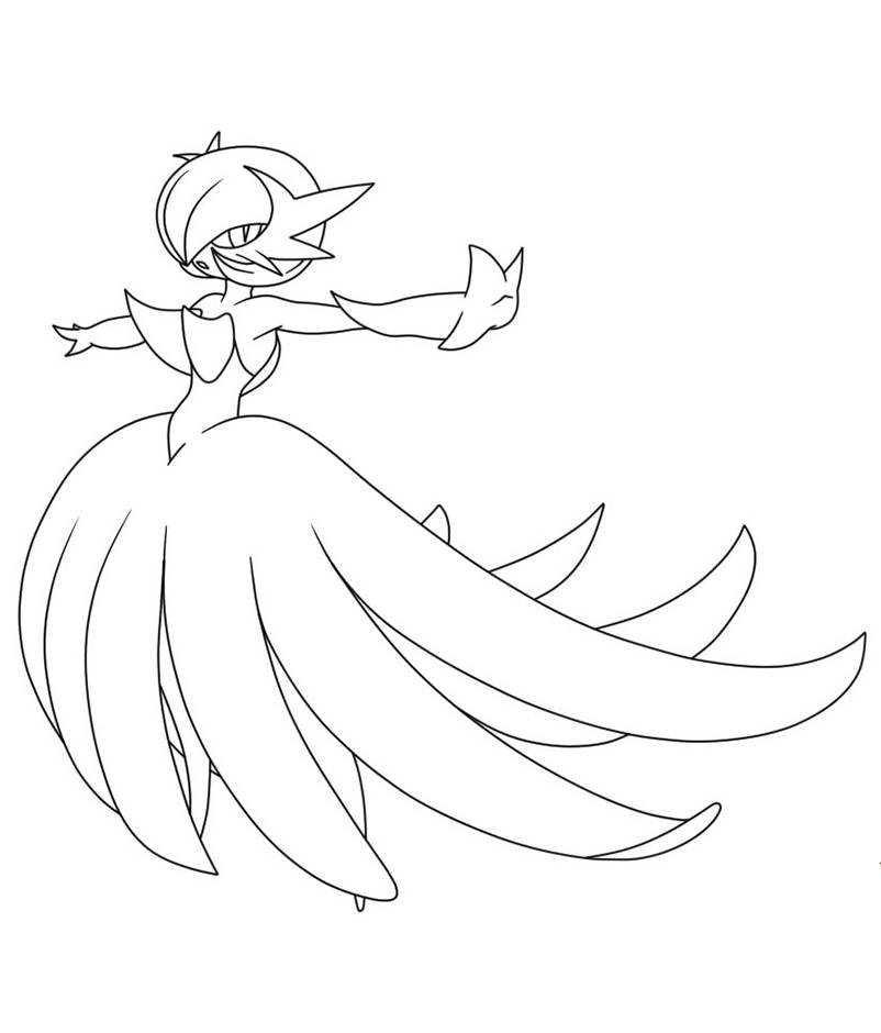 Desenho da Gardevoir, a elegante Pokémon humanoide com vestido fluido, pronta para imprimir e colorir.