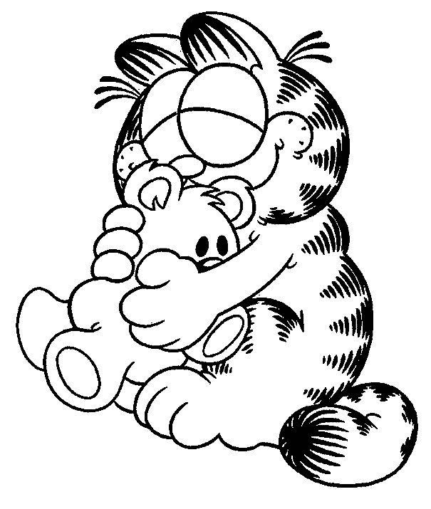 Desenho do Garfield, o gato laranja, abraçando um urso de pelúcia macio para imprimir e colorir.