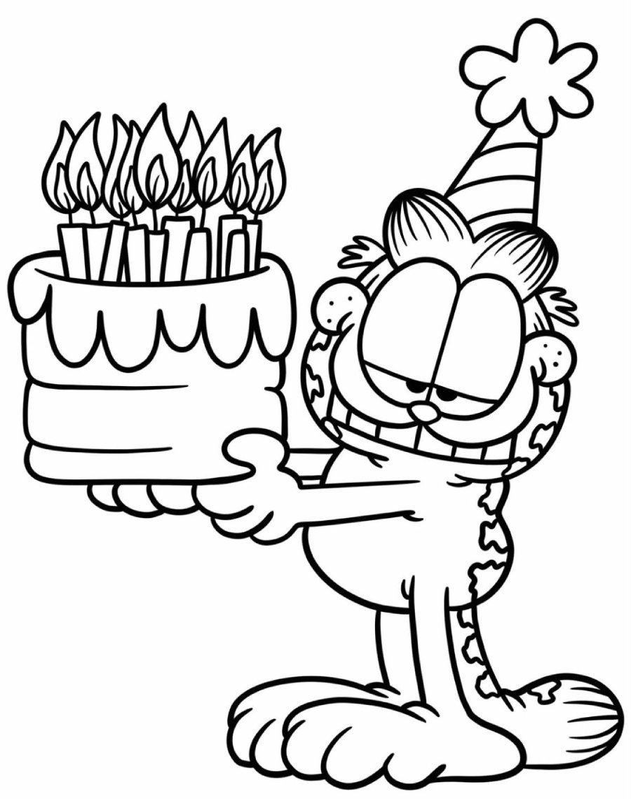 Desenho de aniversário do Garfield segurando um bolo de dois andares com velas acesas para imprimir e colorir.