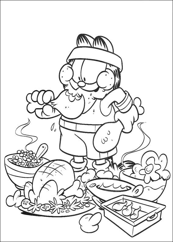 Desenho do Garfield fantasiado de atleta em um banquete com peru, frango e outros pratos deliciosos para colorir.