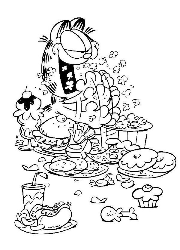 Desenho do Garfield comendo pipoca em uma mesa farta de hambúrgueres, batatas fritas e doces para imprimir e colorir.