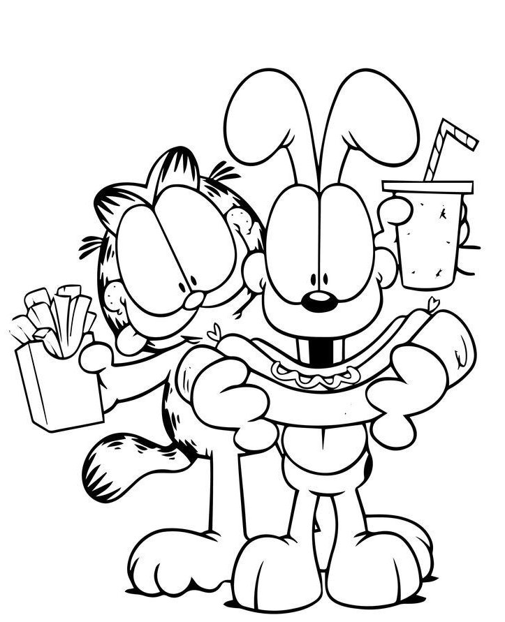 Desenho do gato Garfield sorrindo segurando batatas fritas e o cachorro Odie com cachorro-quente e bebida para colorir.