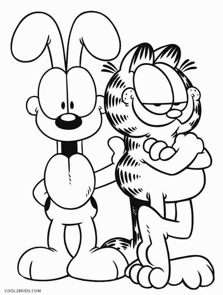 Desenho do Garfield e Odie, o gato laranja preguiçoso e o cão leal, para imprimir e colorir.