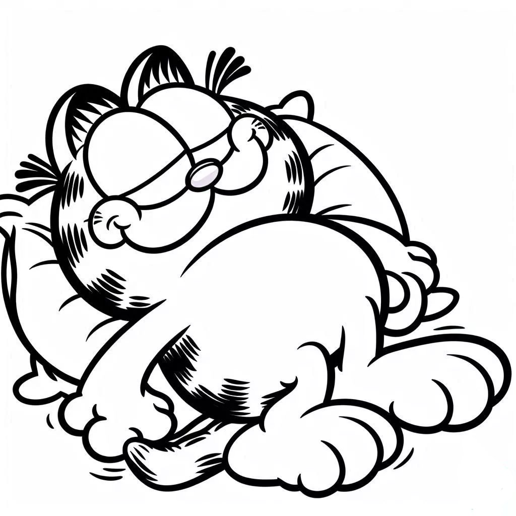 Desenho do Garfield, o gato laranja rechonchudo, dormindo em um travesseiro para imprimir e colorir.