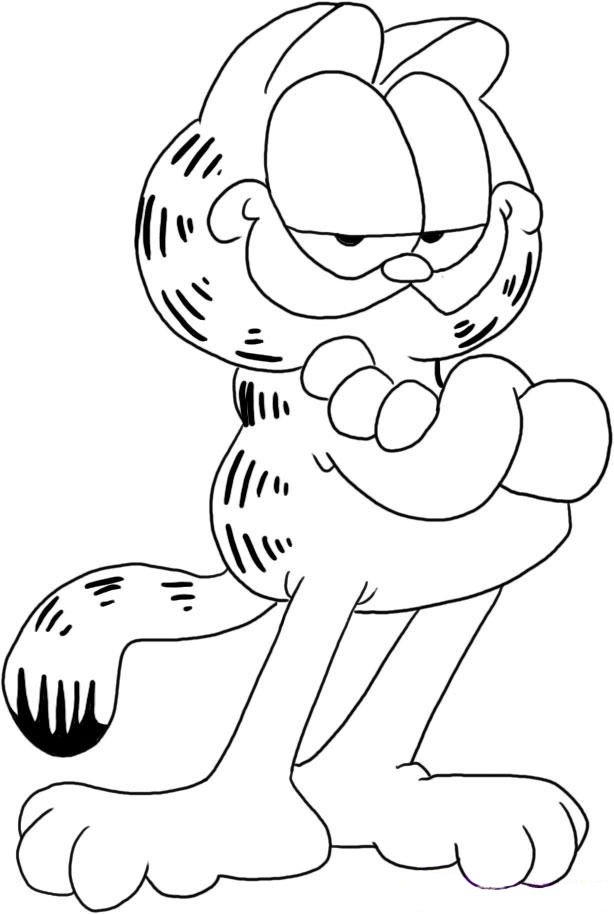 Desenho do Garfield, o gato laranja preguiçoso dos quadrinhos, com sua clássica expressão maliciosa para imprimir e colorir.