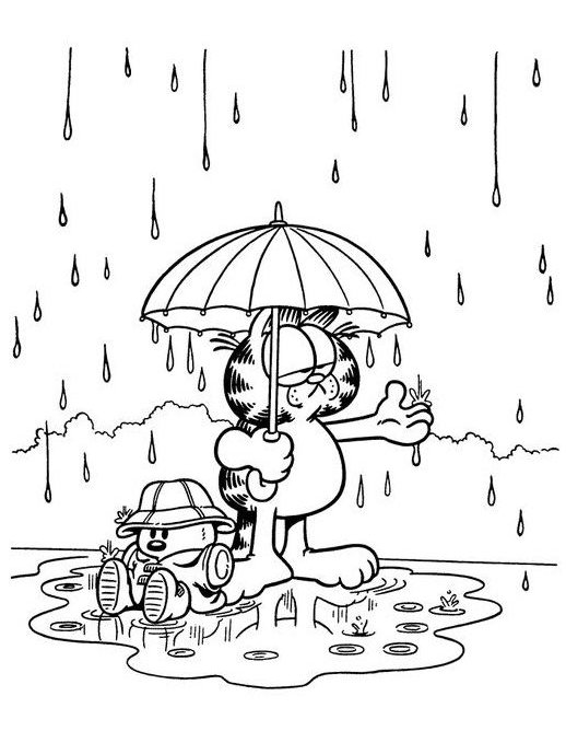 Desenho do Garfield sorrindo, segurando um guarda-chuva em um dia chuvoso, com um amigo e árvores ao fundo para colorir.