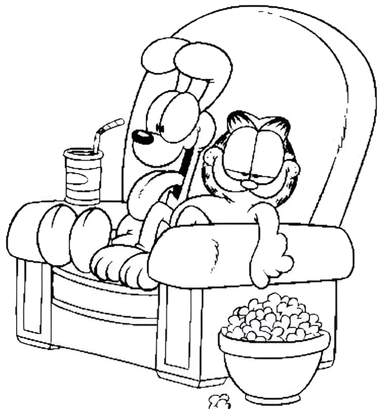 Desenho do Garfield e Odie relaxando em uma poltrona com pipoca e refrigerante para imprimir e colorir.